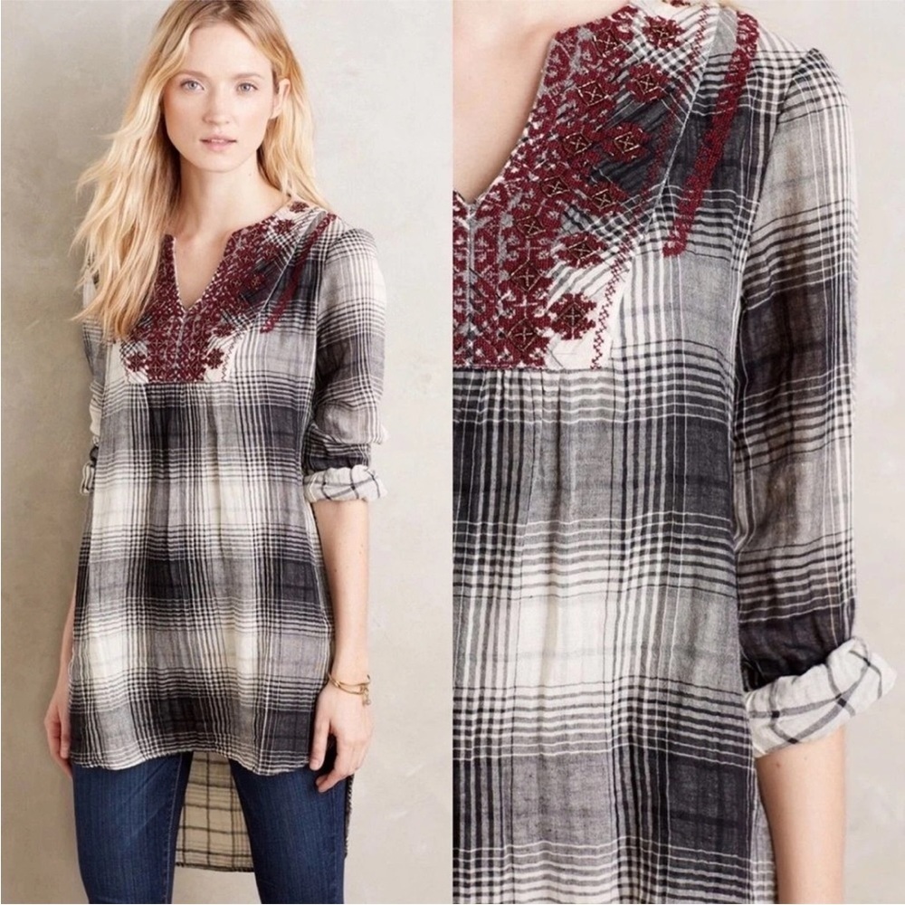 Anthro Floreat Plaid Floral Embroidery Flannel Tunic Top Large Tropical Coquette